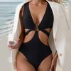 Sexy One-piece Swimwear V-Neck Sleeveless High Waist Monokini with Iron Ring Bandage Solid Color Quick Drying One-Piece Bikini