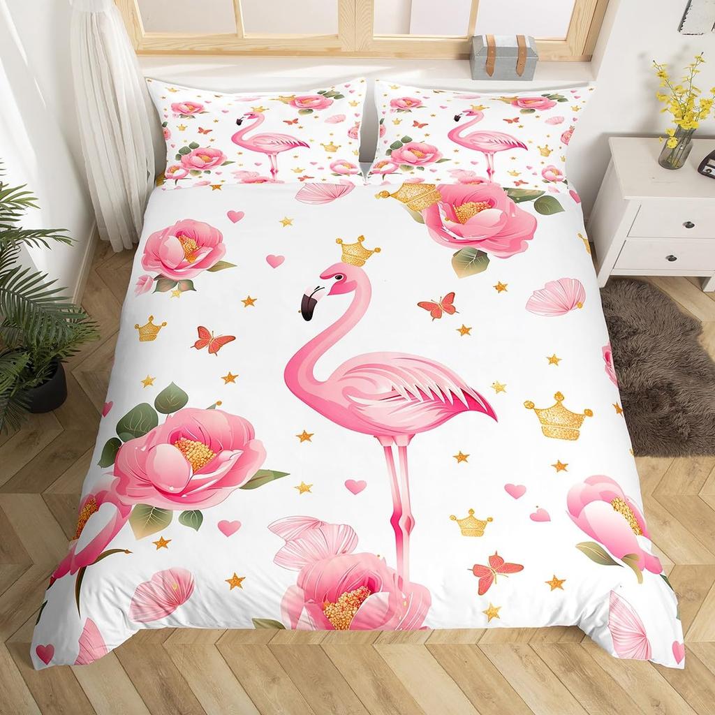 Chic Flamingo Duvet Cover Queen Beach Theme Tropical Animal Bedding Set, Coastal Sunset Comforter Cover Cute Wildlife Bed Set
