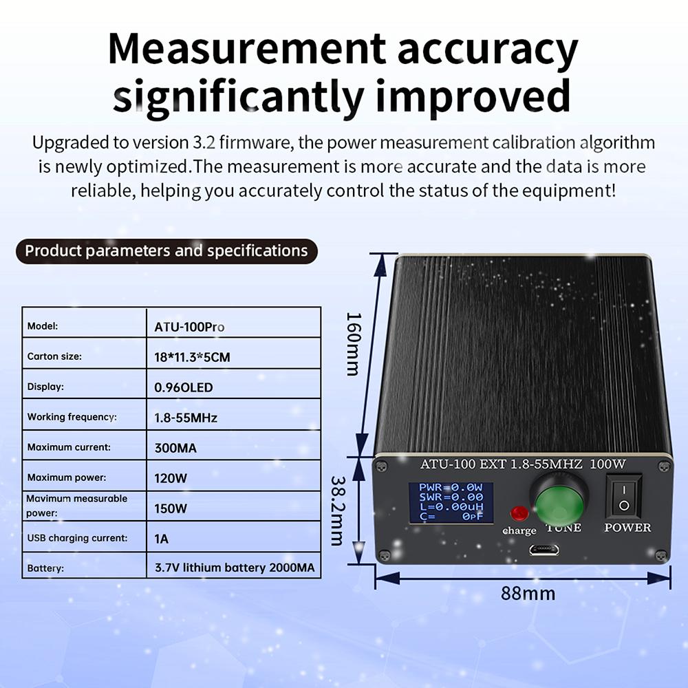 ATU-100Pro Universal Antenna Tuner 1.8MHz–55MHz Automatic Tuning Signal Processor 0.96-inch LED Display Micro USB Port