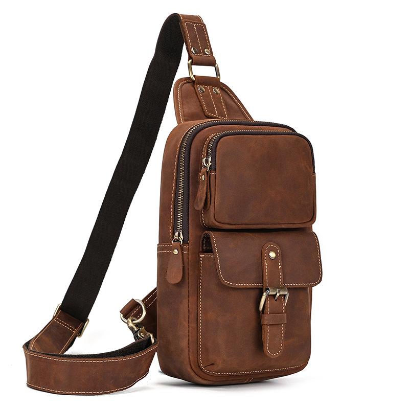 Vintage Crazy Horse Cowhide Leather Mens Chest Bag Retro Sports Casual Crossbody Sling Shoulder Bag Lightweight Outdoor Daily Bag for Men