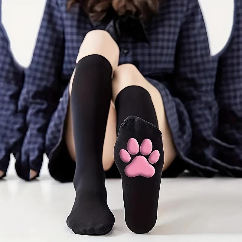 [Cute Cat Socks] Cute 3D Cat Paw Over-the-Knee Socks | 1 Pair Women's Black Silicone Cosplay Socks with Pink Pads, Soft Fabric Construction