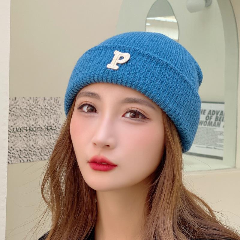 Winter Knitted Hat for Women Warm Pullover Hat P Shaped Bag Head Trendy Face Small Korean Version Wool Hat Men