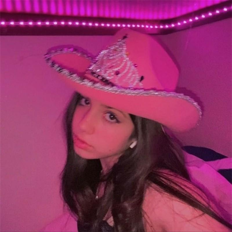 Pink Crown Western Cowgirl Hat Women Girls Tiara Feather Felt Sequin Cowboy Cap Costume Party Jazz Caps Halloween Cosplay Props