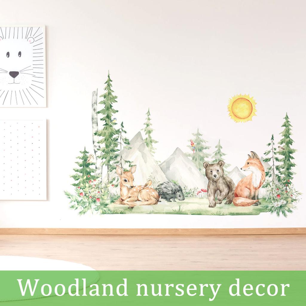 3Pcs Woodland Wall Decals DIY Large Pine Tree Forest Animal Bear Fox Peel & Stick Wall Art Sticker for Kid's Room Bedroom Decor