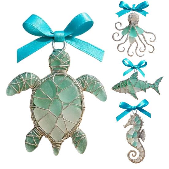 Car Pendant Handcrafted Sea Glass Ornament Sea Turtle Octopus Seahorse Ocean Animal Design Ornament Beach