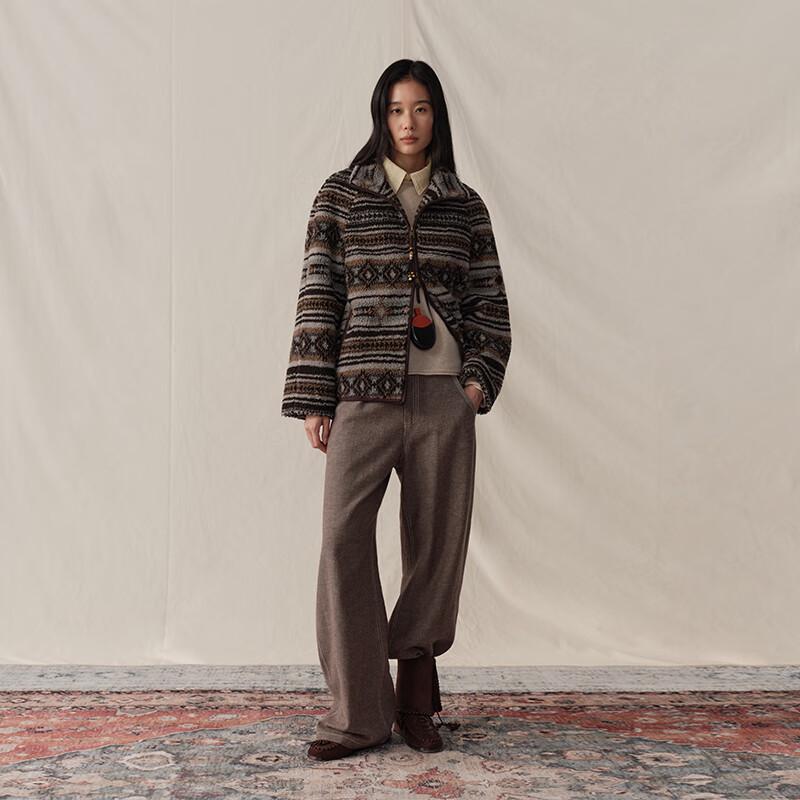 GREEN BELT Women's Retro Fair Isle Coffee-Colored Warm Coat