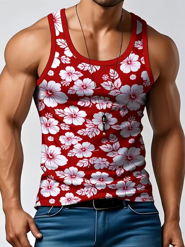 Men's Retro Floral 3D Printed Tank Top Summer Casual Streetwear Crew