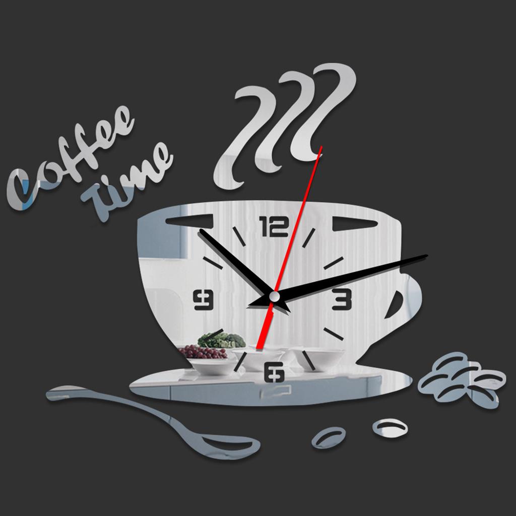 DIY Acrylic Mirror Wall Clock Coffee Cup Design Silent Home Decor