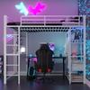 Cama Loft de Metal con Escalera 140*200 cm, Cama Junior Cama Doble con Mesa con Percheros Simples con Compartimentos de Almacenamiento, Blanca