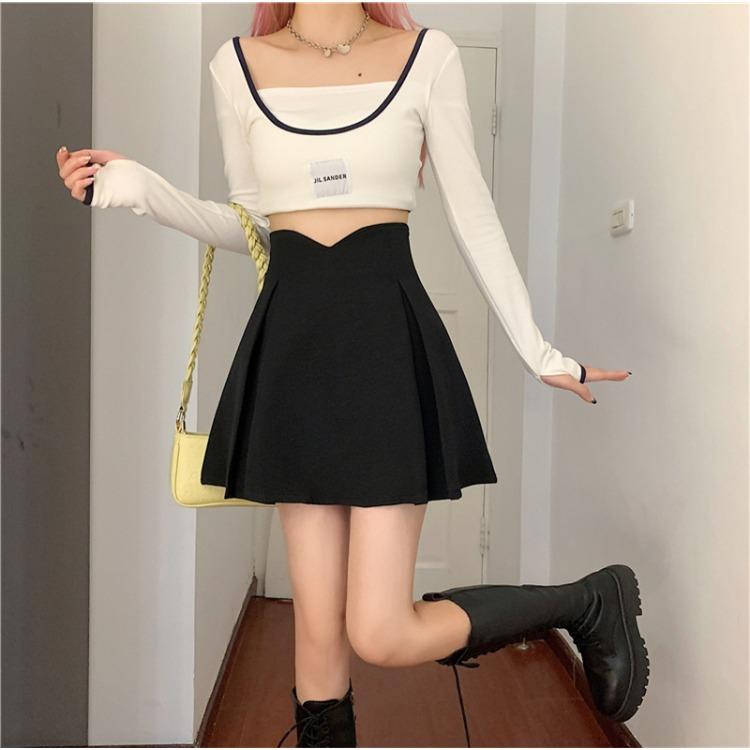 Versatile Black Fishbone High-Waisted Skirt Design-Forward Niche A-Line Hip-Covering Petite Casual All-match Versatile Pleated Skirt