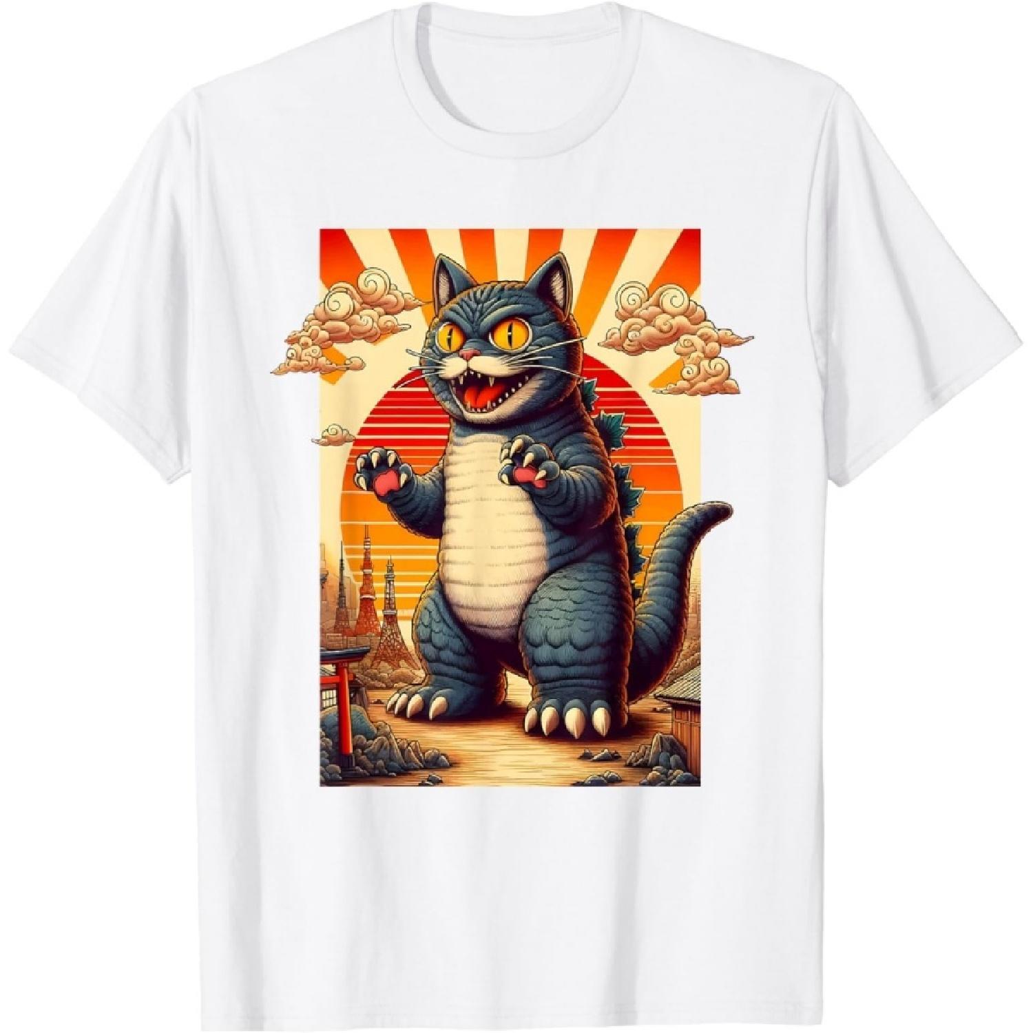 SHAAMOU Monster Cat Japanese Art Vintage Retro Sunset Funny Cute Cat T-Shirt S