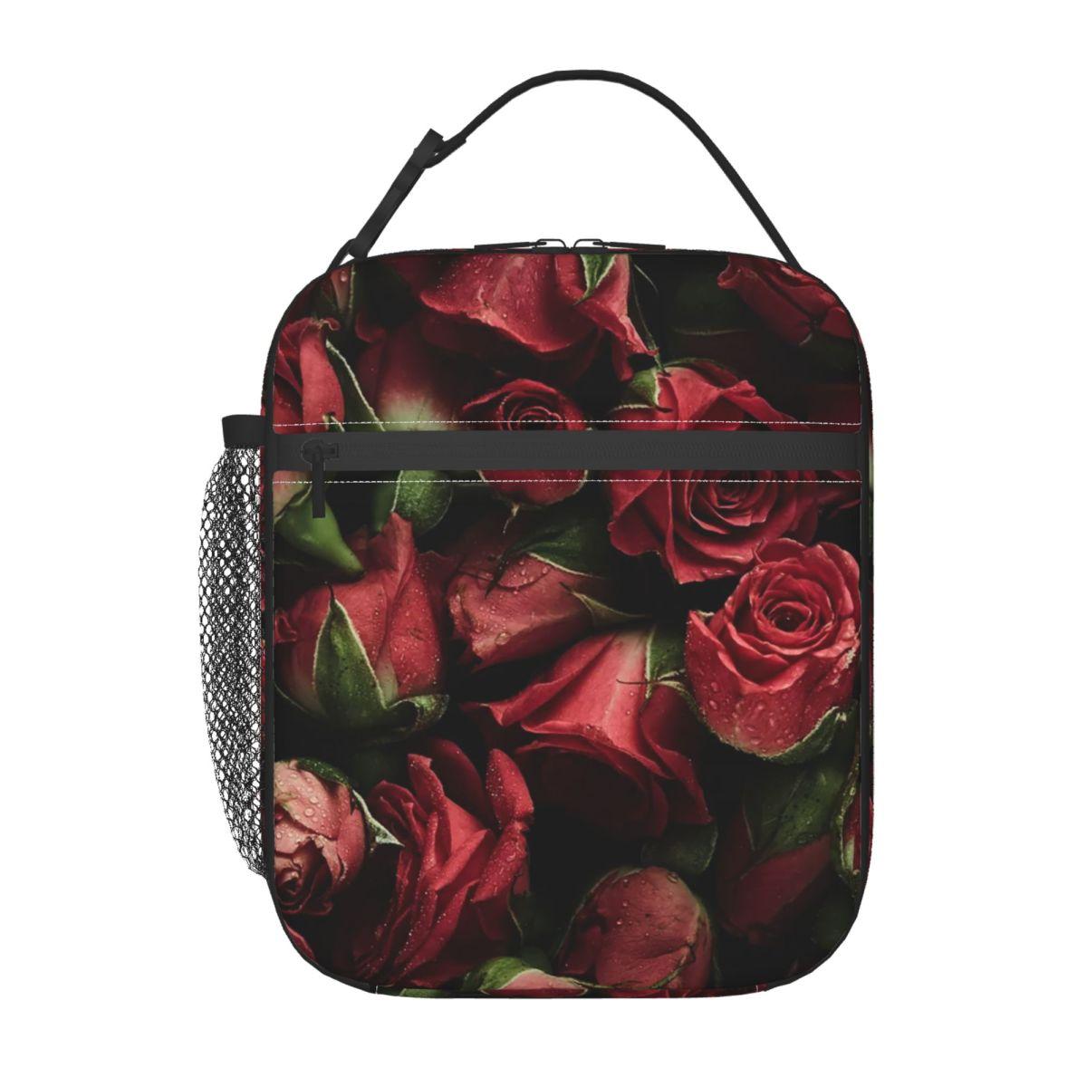 

Red Rose Floral Design Insulated Lunch Bag for Women Kids Leakproof Food Boxes Thermal Lunch Box Tote One Size
