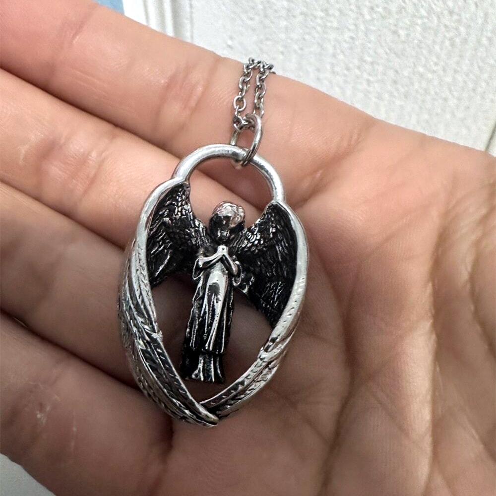 Angel Wing Prayer Oval Pendant Necklace Roman and Greek Statues for Women Fashionable Guardian Angel Charm Silver-Tone Chain Jewelry Accessory