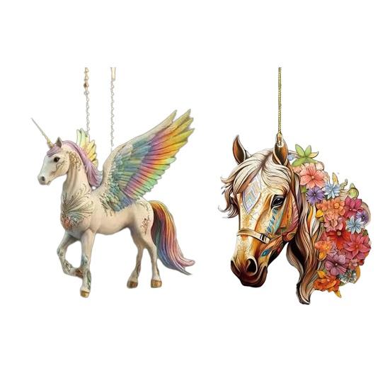 Pferd Weihnachtsanhänger 2D Acryl Pferd Auto Rückspiegel Hängeanhänger Pferdegeschenke für Frauen Pferdeliebhaber