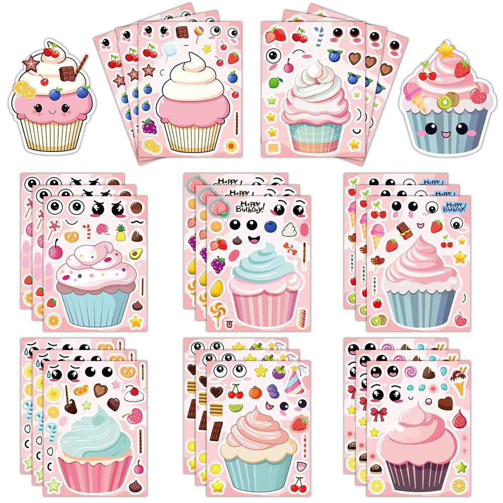 816Sheets Cute Cartoon Pink Cupcakes Puzzle Stickers Make A Face Diy Assemble Jigsaw Decals Birthday Party Decoration Supplies
