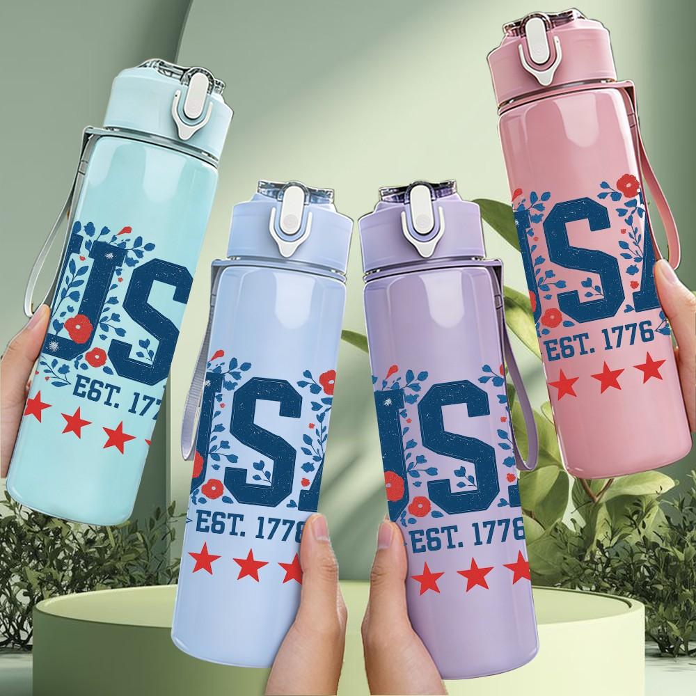 1PC USA Vintage Star Letter Logo 750ml Color Plastic Sports Water Bottle Leakproof Flip Straw Lid Suitable for Sports Office Home Use