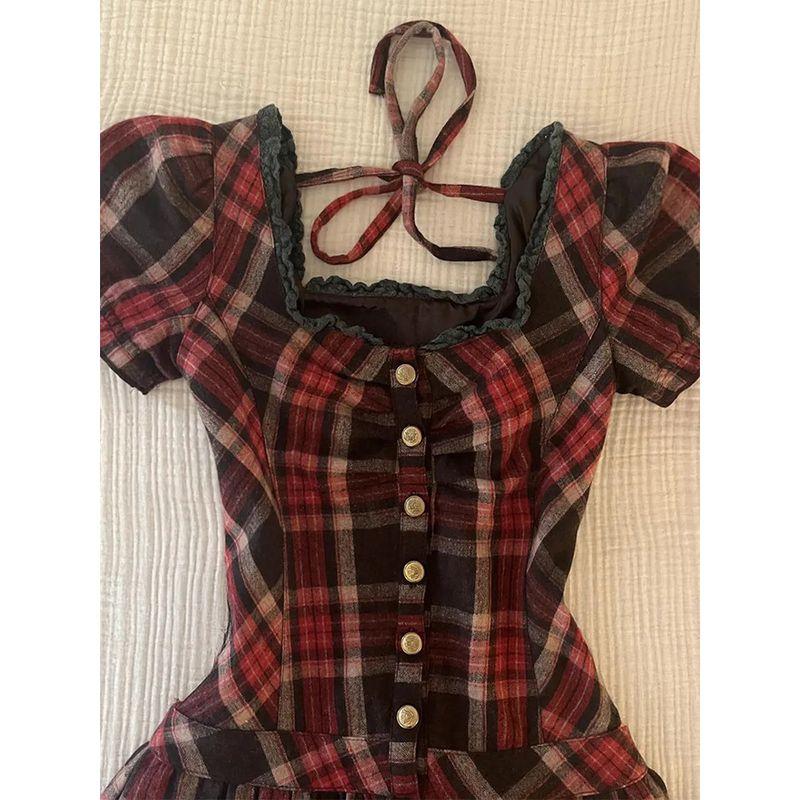 Special-Interest Design Retro Plaid Square Collar Lace up Short Sleeve Dress Women's Summer 2025 New Arrival Tight Waist Slim Looking Skirt