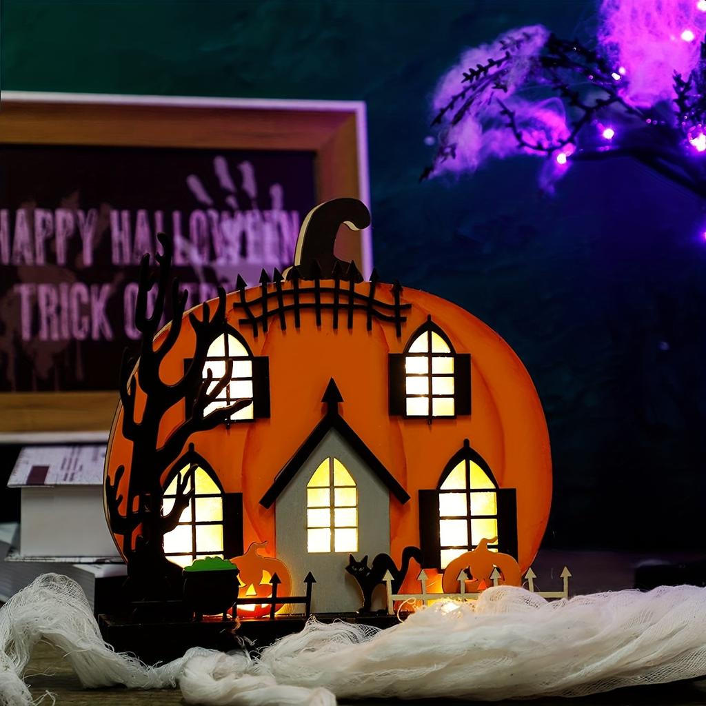 Pumpkin House Glowing Desktop Ornaments DIY Wooden Horror Ghost Pumpkin House with LED Light for Halloween Eve Party Decoration