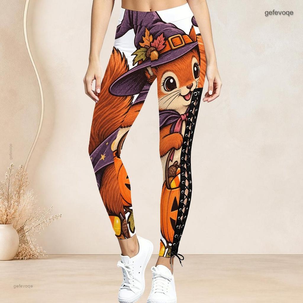 Women Plus Size High Waist Printed Side Eyelet Lace Up Full Length Leggings