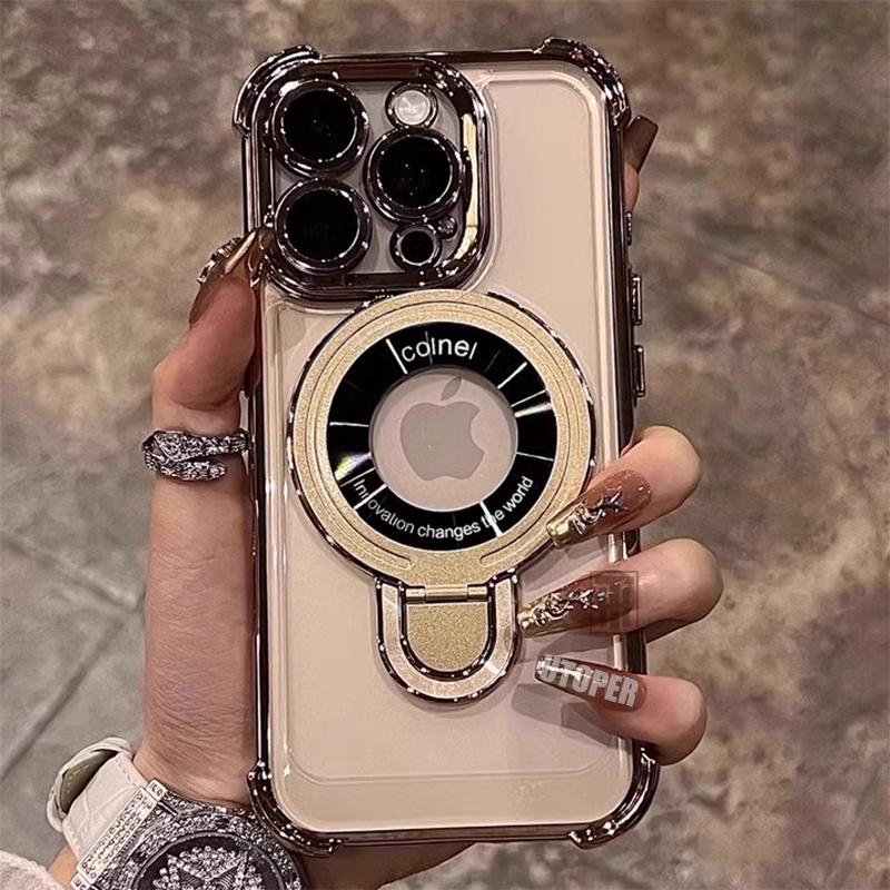 Metal Ring Kickstand Four Corners Shockproof Plating Clear Case For iPhone 16 15 14 13 11 Pro Max Plus Magsafe Magnetic Cover