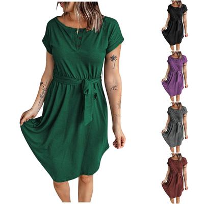 Women's V-Neck Button Short Sleeve Dress Solid Color With Belt Sleeve Casual Dress