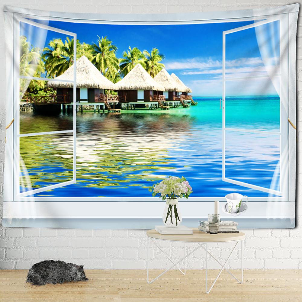 Sonnenuntergang am Meer Fenster Landschaft Malerei Wandteppich Hängen Boho Hippie Kunst Tapiz Ästhetik Room Decor