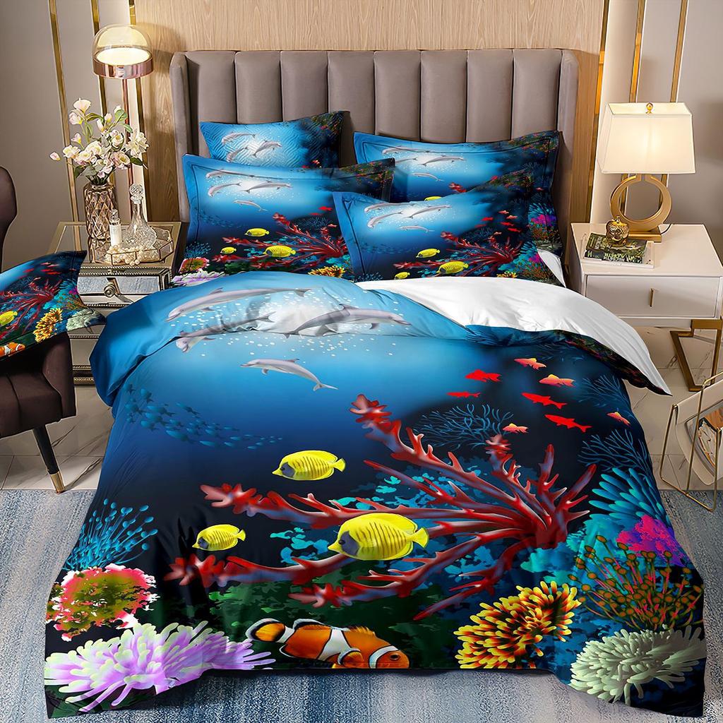 3D-gedruckte Heimtextilien Bettwäsche Delfin Meeresschildkröte Meerestier Quilt-Set Dreiteiliges Set