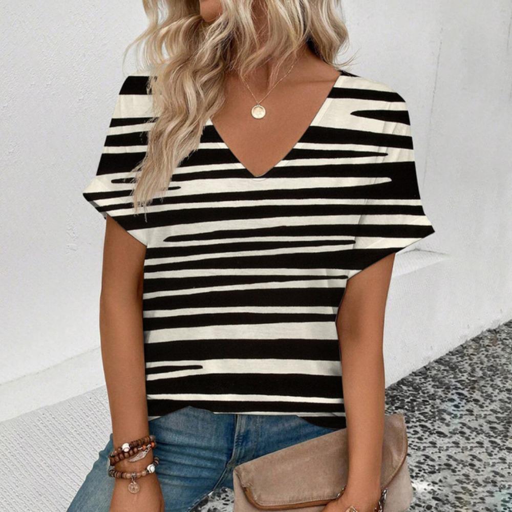 Summer Leisure 3d Printed Women's V-neck T-shirt Retro Stripe Pattern T-shirt Fashion Women's Short Sleeved T-shirt