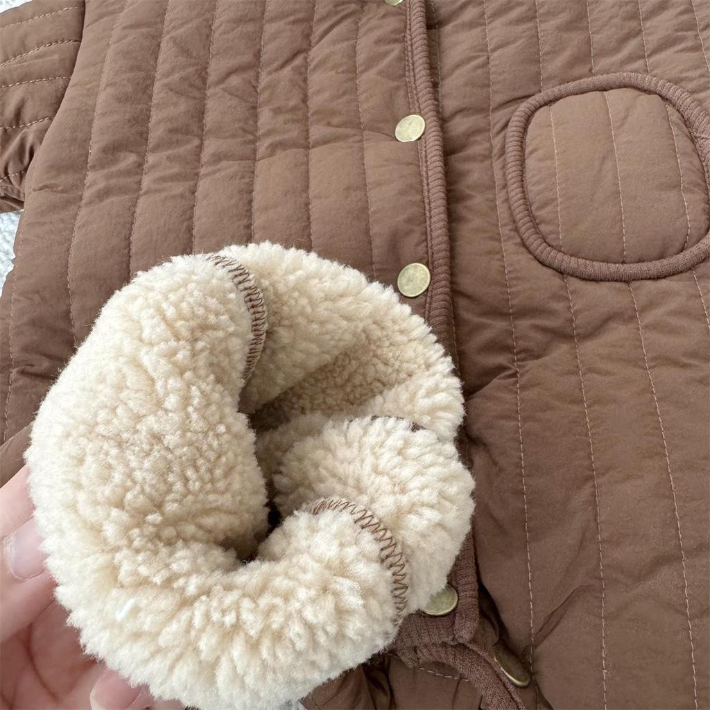 Coffee-Colored Fleece-Lined Baby Romper: Trendy Padded Cotton Jumpsuit for Boys/Girls