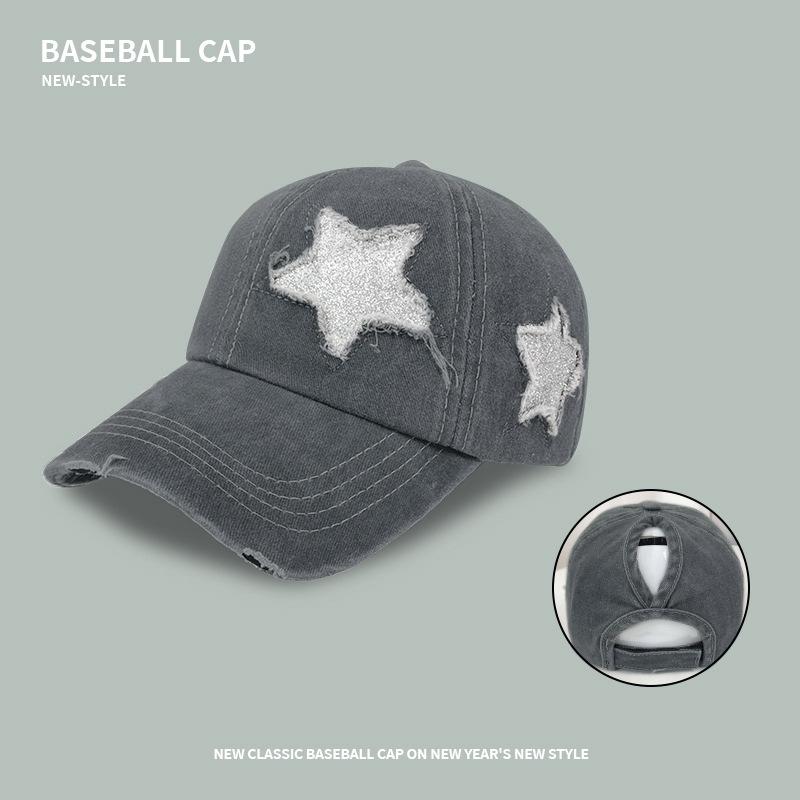 

Pentagram retro hole sequined baseball cap women s fashion versatile face small wash old cap Adjustable 54-59cm