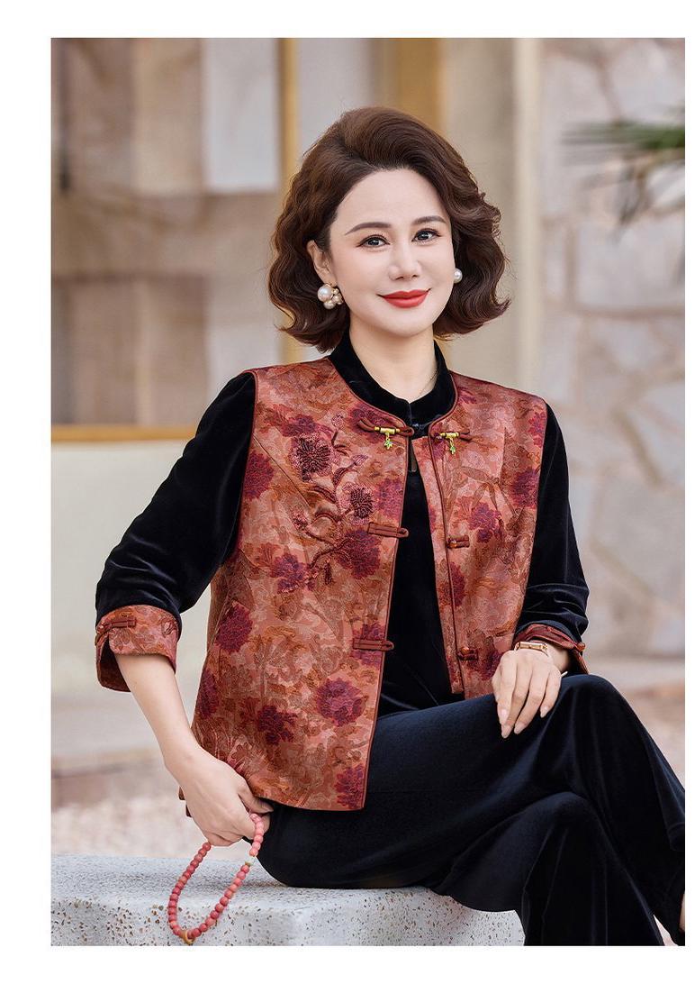 Floral Velvet Shawl Three-Piece Suit for Middle-Aged Women - Early Spring Collection 2XL [105-120 lbs]