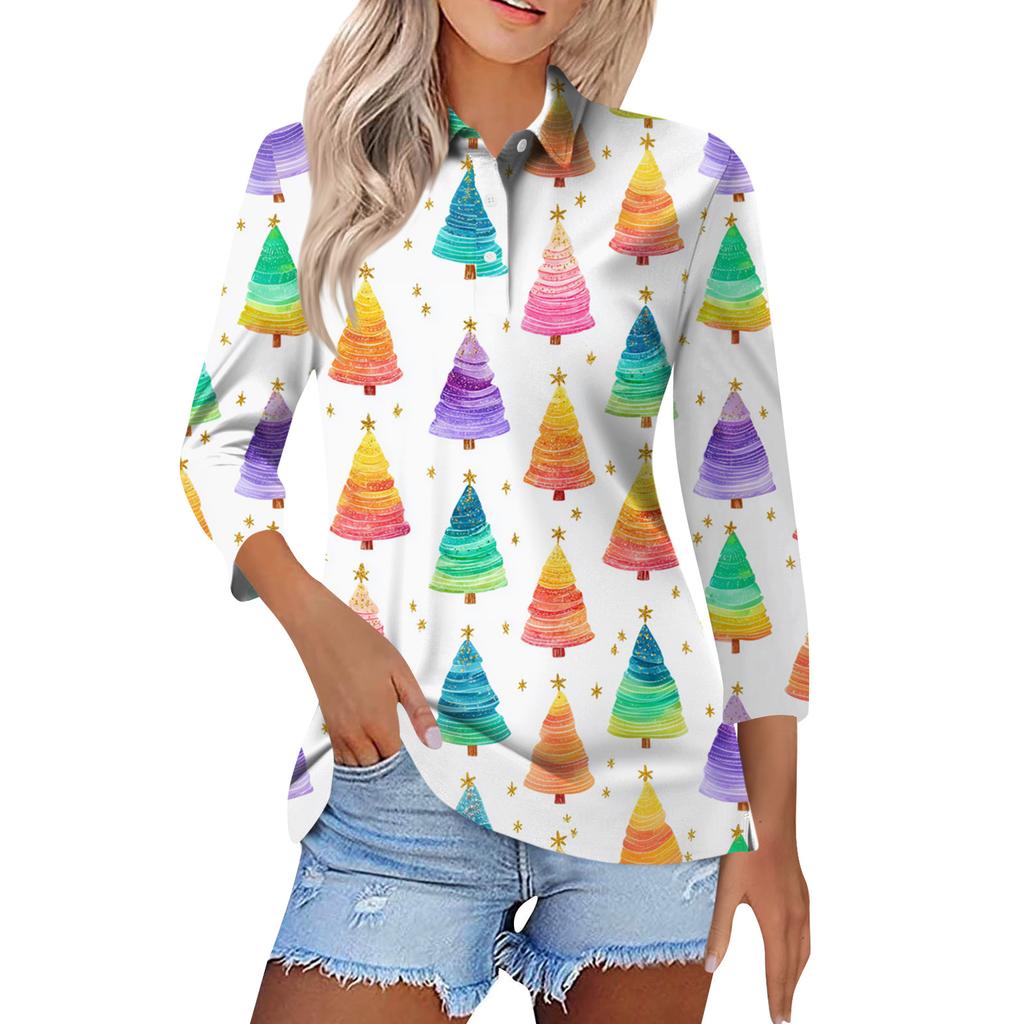 Women's Fashion Casual Button 3/4 Sleeve Vintage  Print Lapel Top