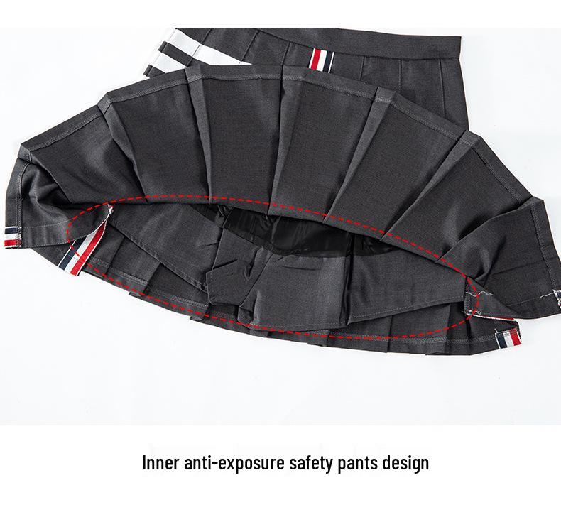 Wang Xinling High-Waisted Pleated Skirt: Short Front, Long Back, 4-Stripes, Slimming A-Line Mini Skirt.