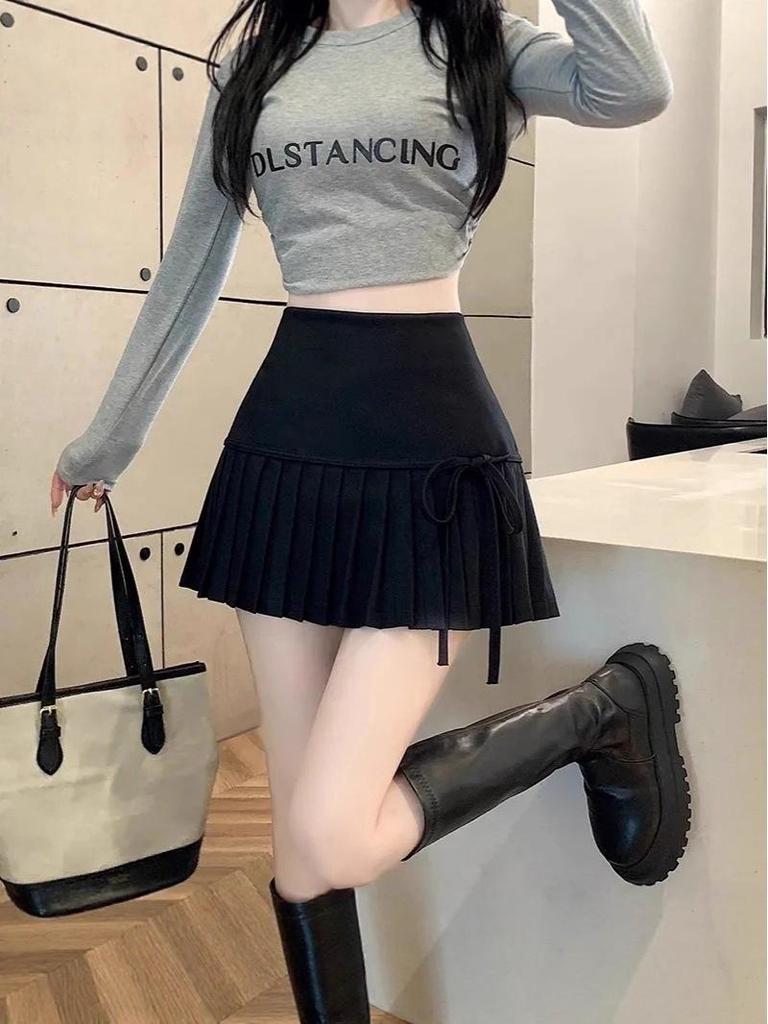 Women's College Style Black Lace-Up Pleated A-Line Skirt - High-Waisted, Slim Fit, Petite, Spring/Summer 2025