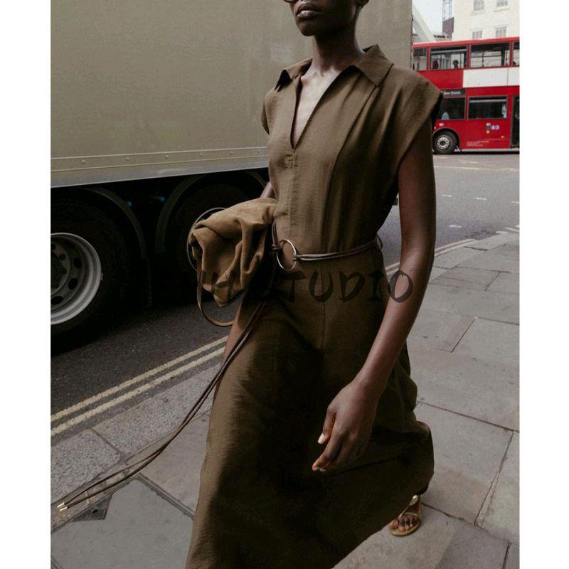 Autumn New Women Clothes Seaside Holiday Style V-neck Sleeveless A Word With Belt Midi Dress 5029168