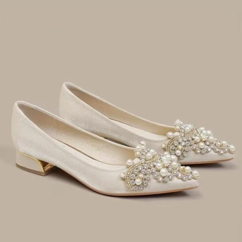 Block Heel Single Shoes Women's 2025 New Satin Pointed Toe Shallow Mouth Slip-on Non-Slip Low-Top Shoes