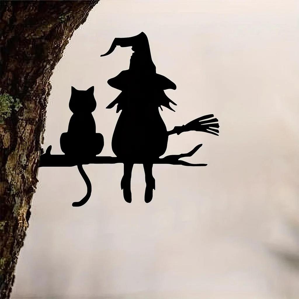 Wall Art Metal Silhouette Witch and Cat Tree Ornament for Fence Garden Lawn