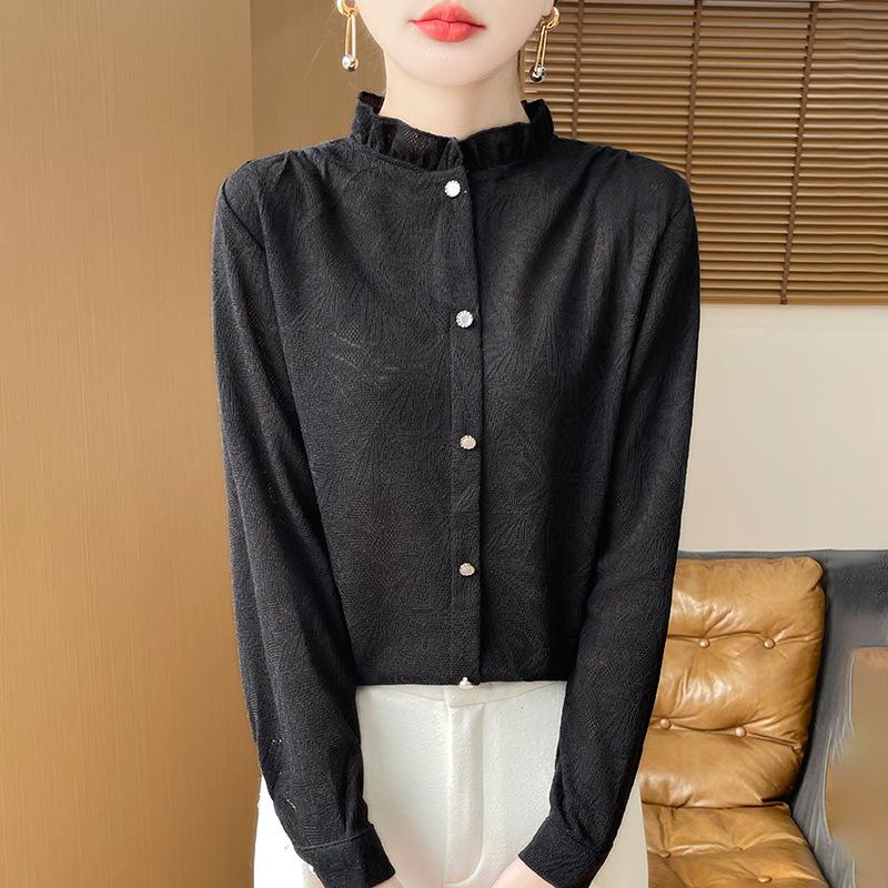 

2025 Autumn/Winter Women s Floral Ruffle High-Neck Knitted Blouse XL чёрный