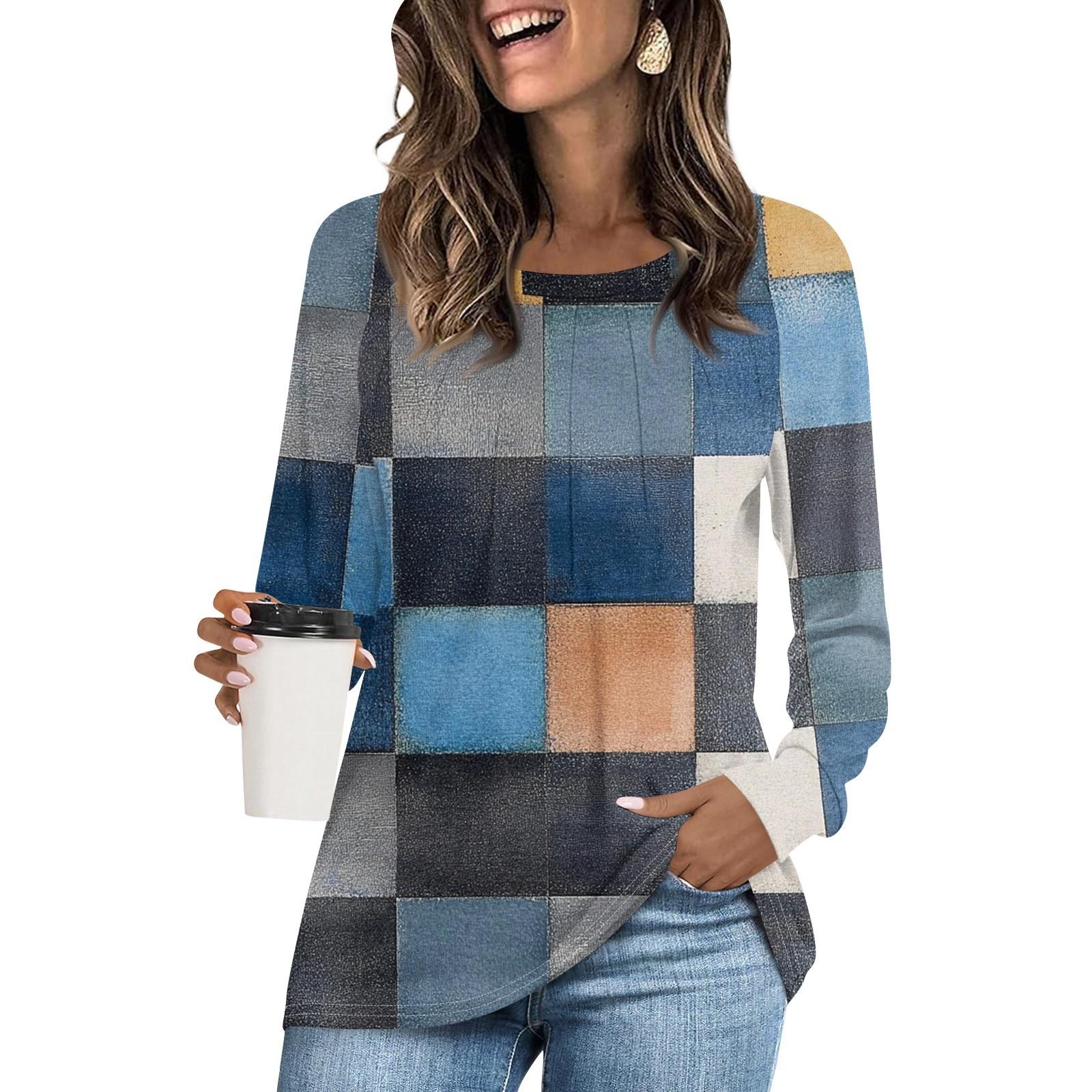 

Женская футболка-туника, топы, повседневная блузка с длинным рукавом, свободная футболка, базовый топ с круглым вырезом L синий