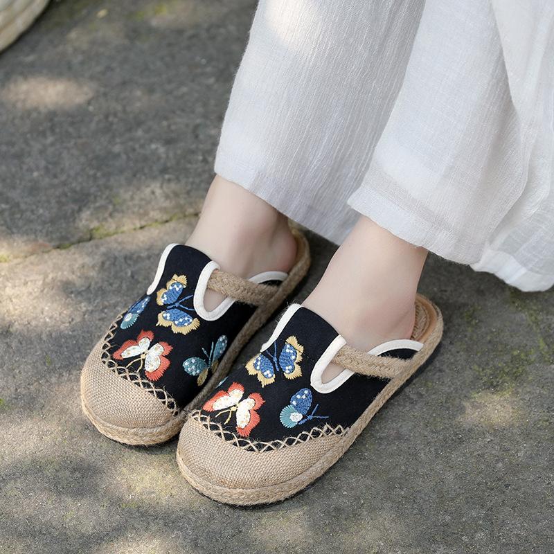Fashion 2025 Women Casual Linen Handmade Embroidery Mules Flat Slippers Retro Vegan Summer Ladies Canvas Comfortable Espadrille Shoes