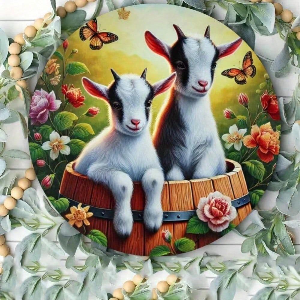 Round Tin Sign Goat Farmhouse Wall Art UV Resistant Waterproof Home Decor For Garden Cafe