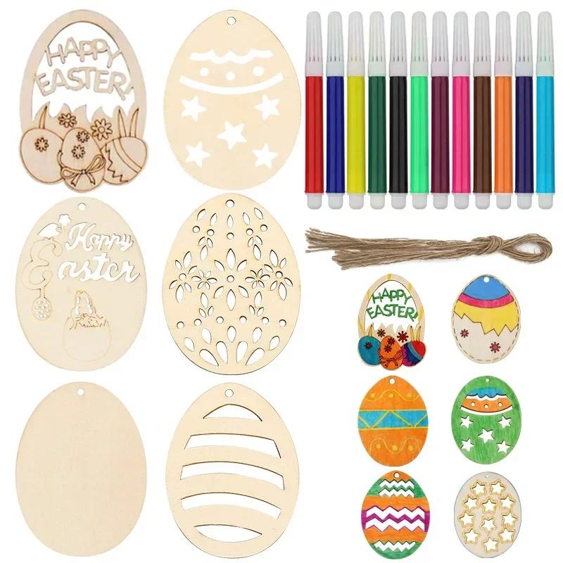10-40PCS Easter Wooden Eggs with Hemp Rope Holiday Party Decorations DIY Craft Kits for Kids Home Wall Hanging Wooden Ornaments
