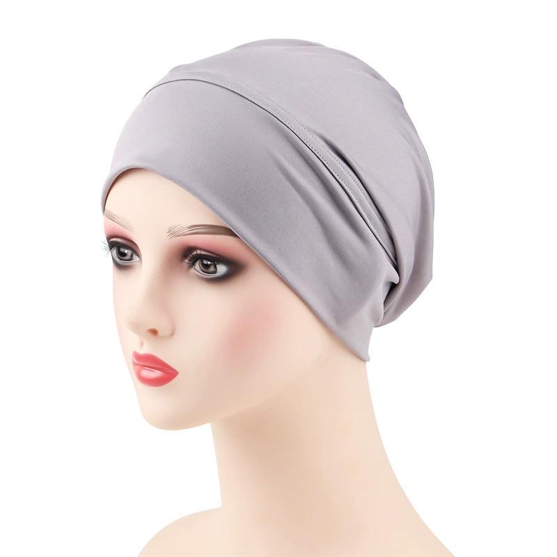 Women Stretch Beanie Chemo Cotton Hair Turban Hat Double-layer Soft Satin Lining Crinkled Hijab Inner Hijab Caps
