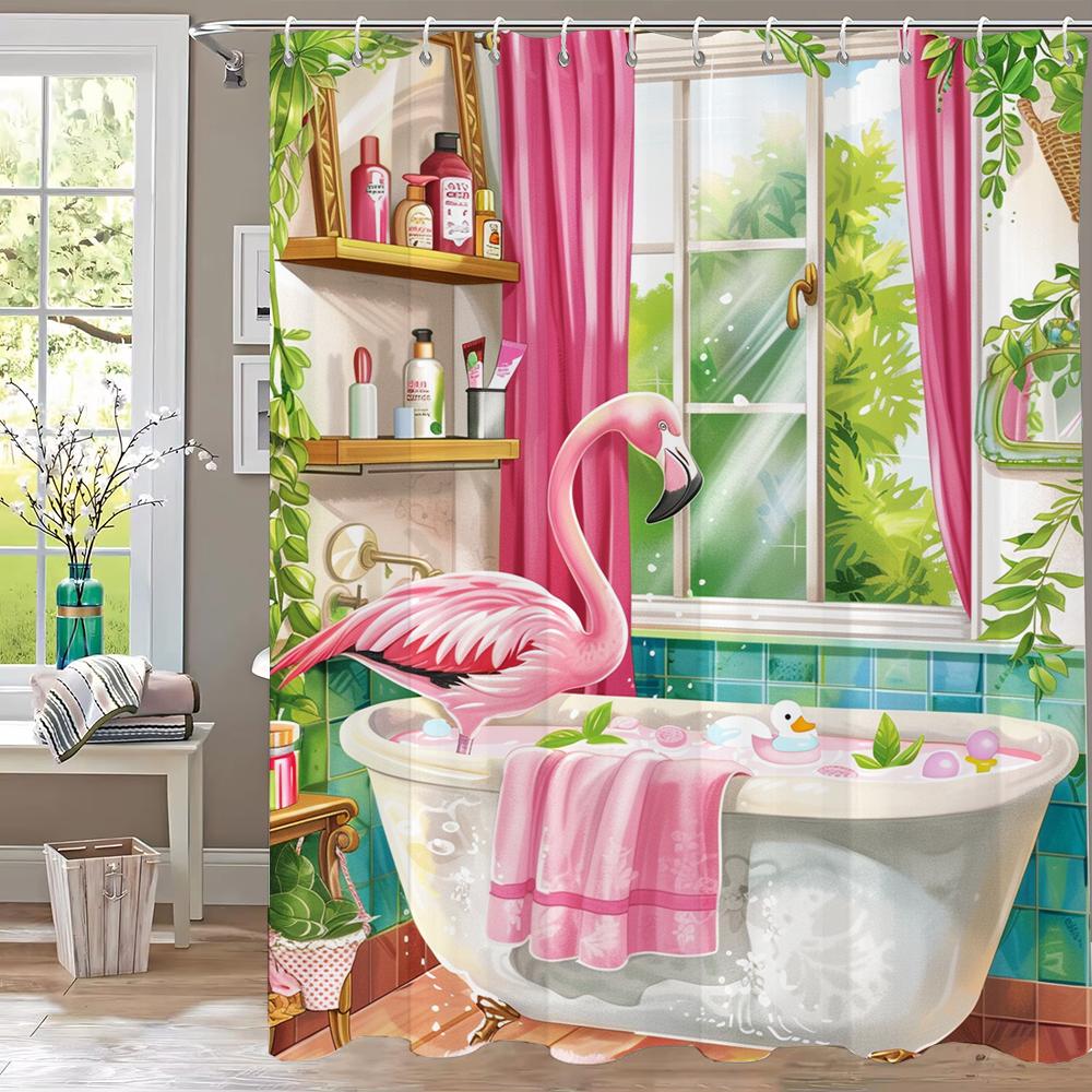 Flamingo Bathing In Pink Bathtub Shower Curtain, Floral Art Bathroom Decorative Curtain, Printed Polyester Curtain With Hooks