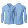 Spring Autumn Men Shirt Lace-up Stand Collar Long Sleeves with Cufflink Solid Color Loose Retro Medieval Mid Length Casual Commuting Office Top