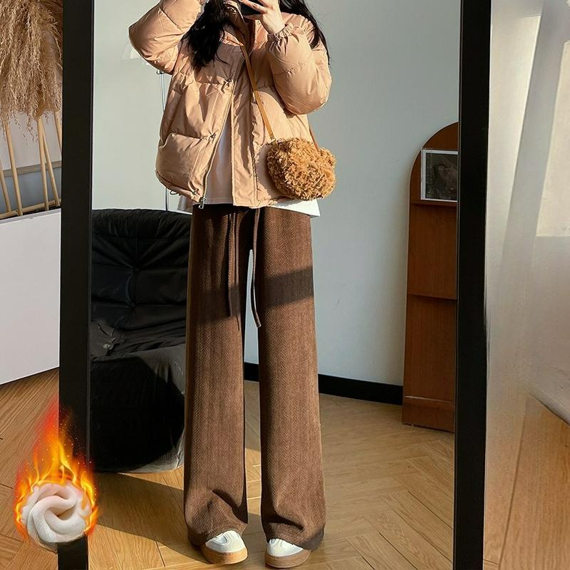 Spodnie damskie w jodełkę z szerokimi nogawkami na jesień i zimę, spodnie pluszowe są cienkie, luźne, codzienne, z wysokim stanem, z prostymi nogawkami