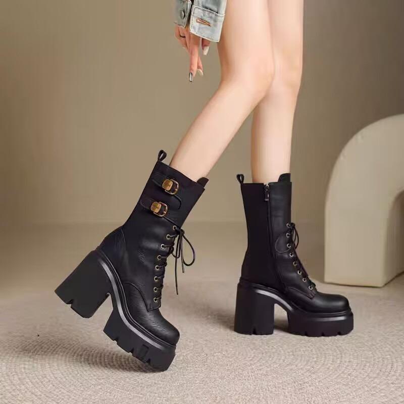 New Women'S Cowboy Boots Platform Boots Round Toe Thick Heel High Boots Belt Buckle Western Mid Calf