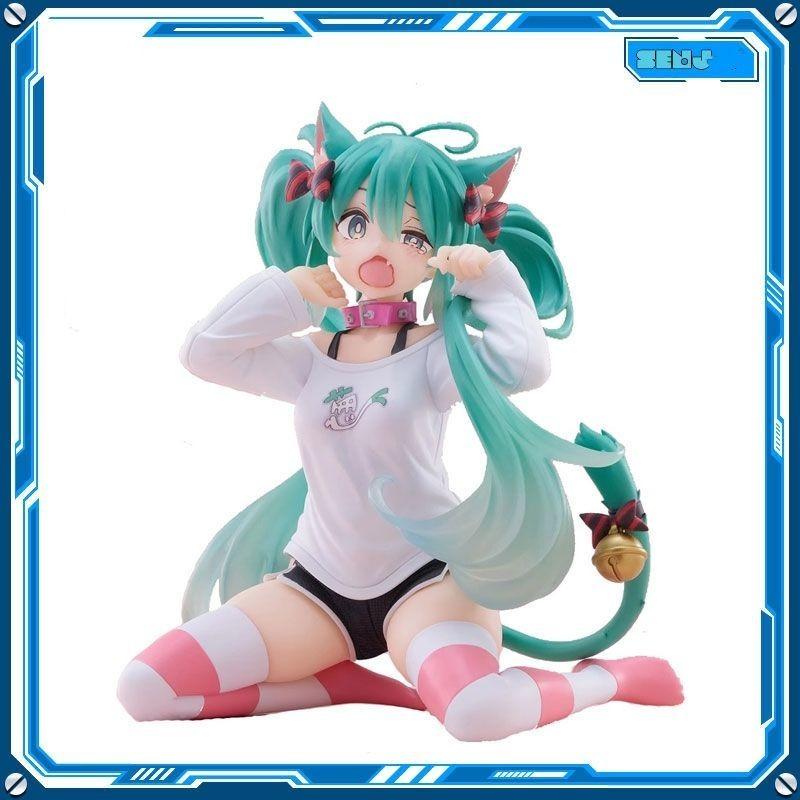 Hatsune Miku Modell Anime Mädchen Figuren Katzenohren Sitzende Haltung Kurzärmeliger Schlafanzug Figuren Auto Dekoration Puppe Kinderspielzeug Geschenk