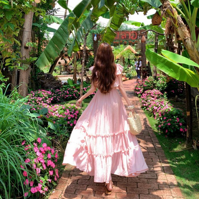 Coral Pink Resort Style Big Skirt Lace Splicing Dress Atmosphere Suspender Dress