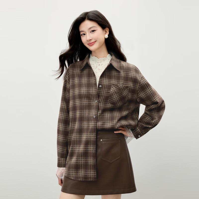 Women s Retro Plaid Lapel Button-Up Shirt M